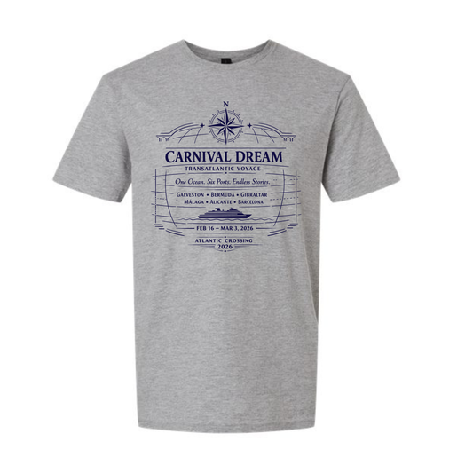 Classic Design - Carnival Dream Galveston, TX to Barcelona, Transatlantic February 16 - March 3, 2026 Cruise Ringspun Cotton Short Sleeve T-Shirt
