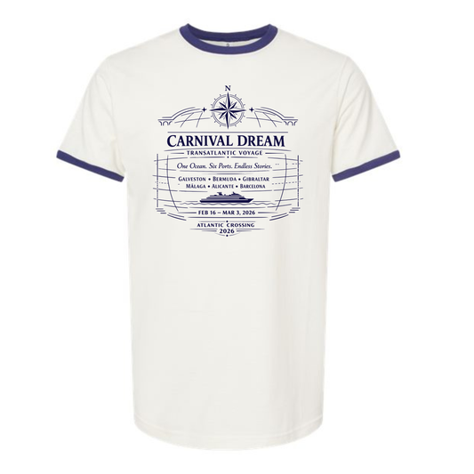 Classic Design - Carnival Dream Galveston, TX to Barcelona,  Transatlantic February 16 - March 3, 2026 Cruise Fine Jersey Ringer T-Shirt